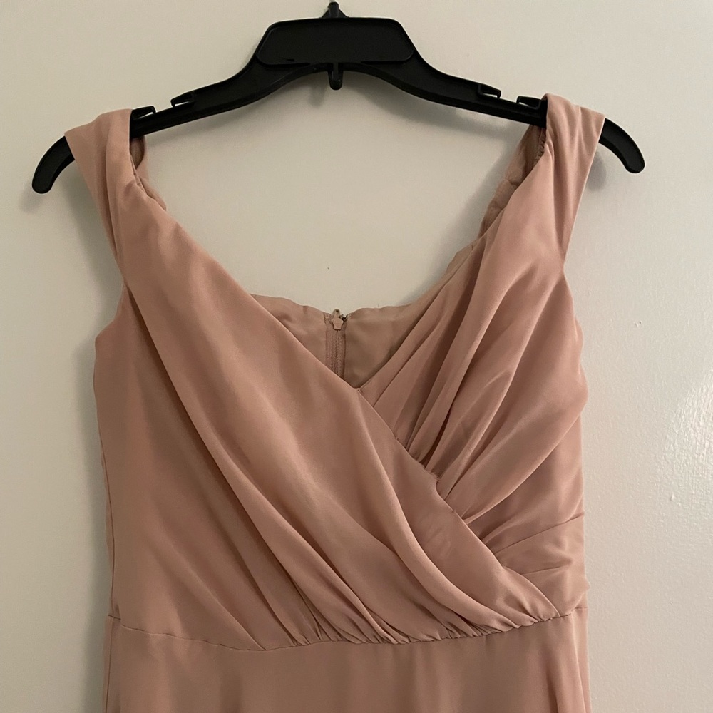 David’s Bridal Off the Shoulder Chiffon Sand Bridesmaid Dress